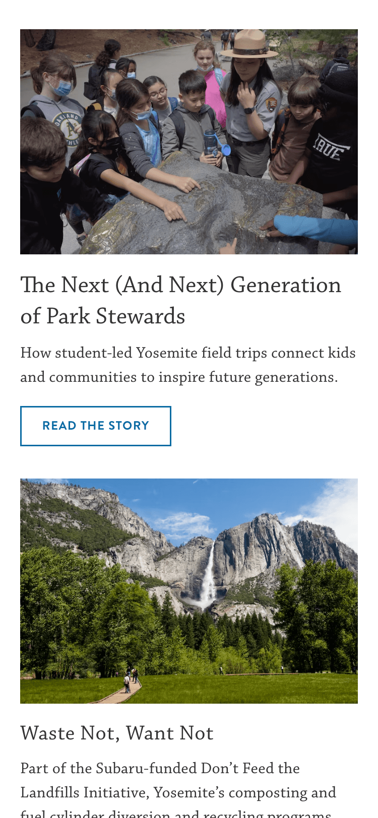 Mobile screenshot of the National Park Foundation website. The visible section contains a list of stories with accompanying images and descriptions. There is a 'Read the story' button underneath one of the stories.